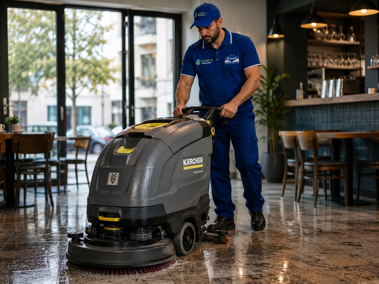 An Elizabet M team member cleaning a café floor in Maastricht
